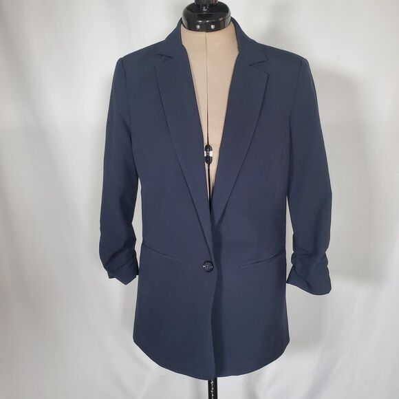 Michael Kors Women’s Blazer Size 4 Navy Blue Ruched 3/4 Sleeve Lined Classic - Picture 1 of 13